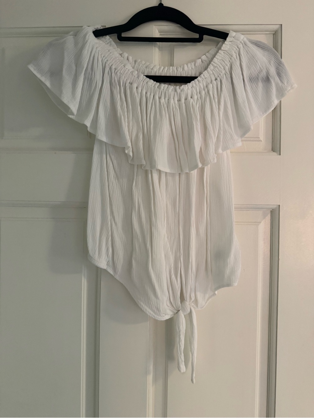 Express White Off-Shoulder Ruffle Tie-Front shirt